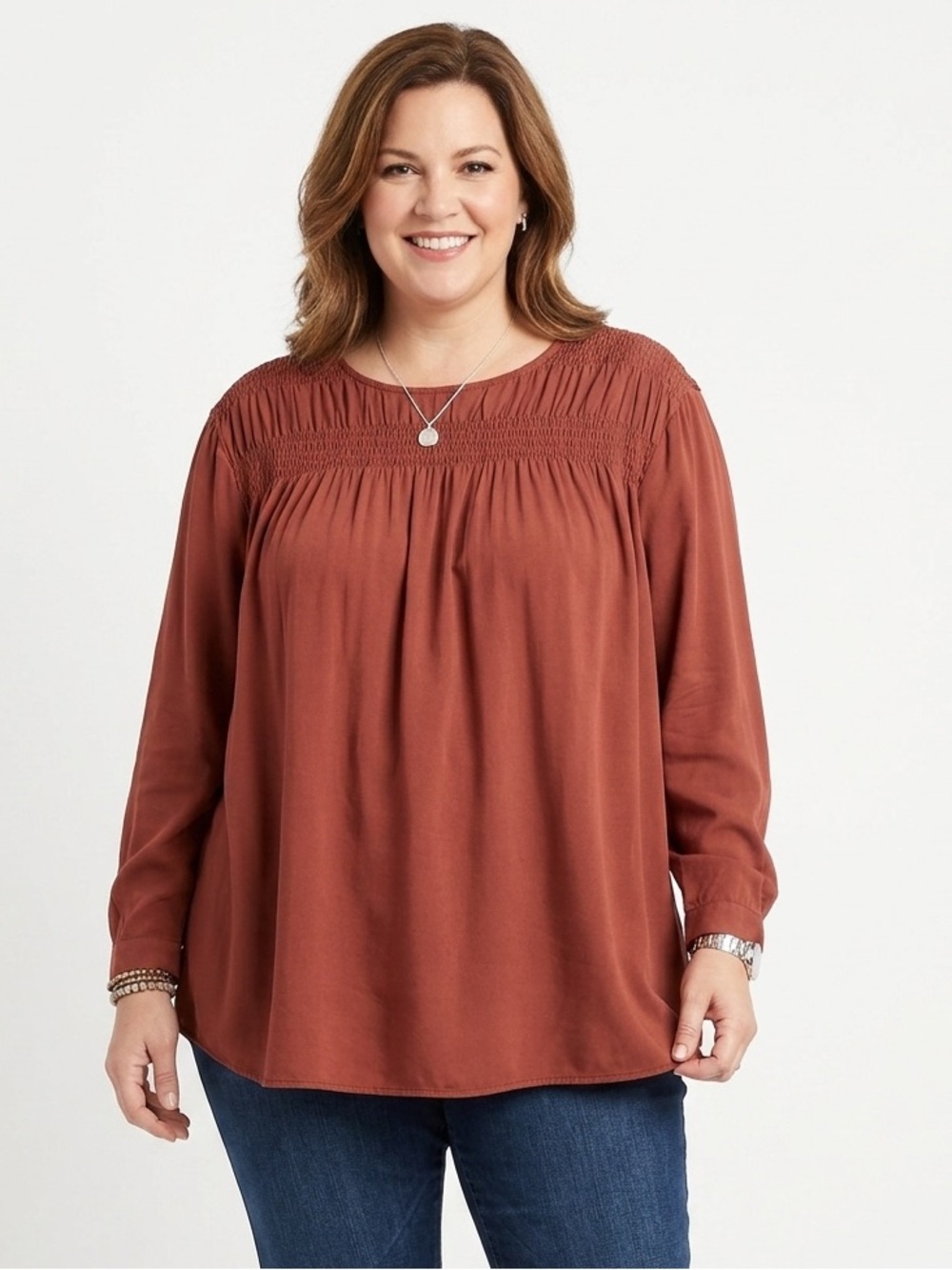 J Jill rust brown smocked flowy long sleeve blouse pop over 4X